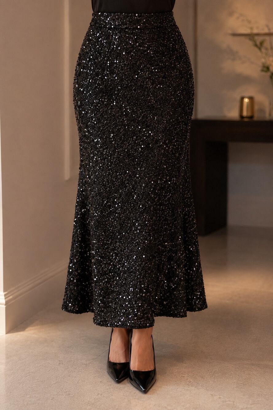 Old Navy Size M Black Sequin Maxi Skirt Elastic Waist Fully Lined Party Holiday